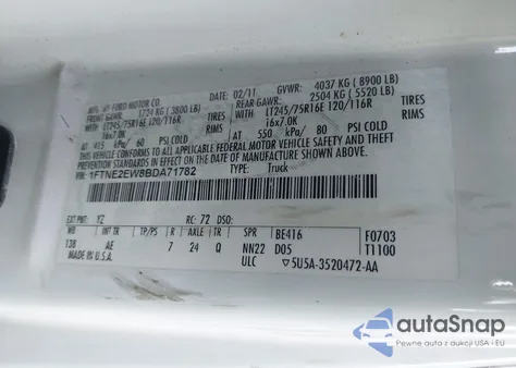 2011 Ford Econoline E250 Van из США, поврежденный, VIN 1FTNE2EW8BDA71782